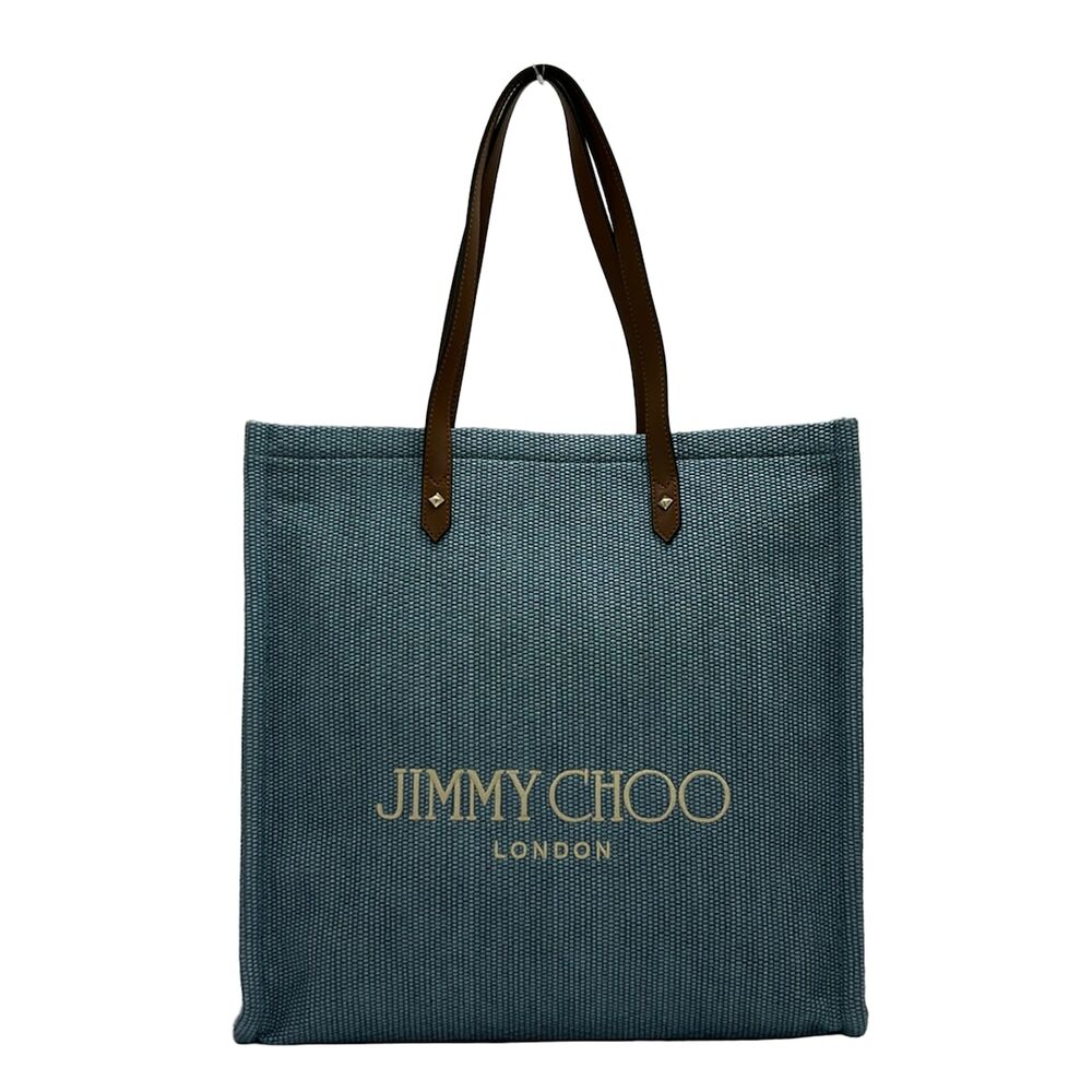 Jimmy Choo Logo Tote Bag Tote Bag Blue Dark Brown White Canvas Leather